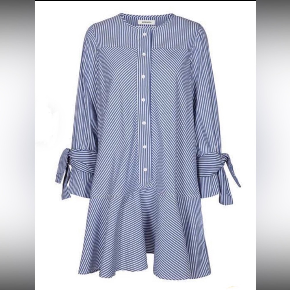 New NWT Mos Mosh blue white stripes long sleeves  dress ruffle cuff bow XS